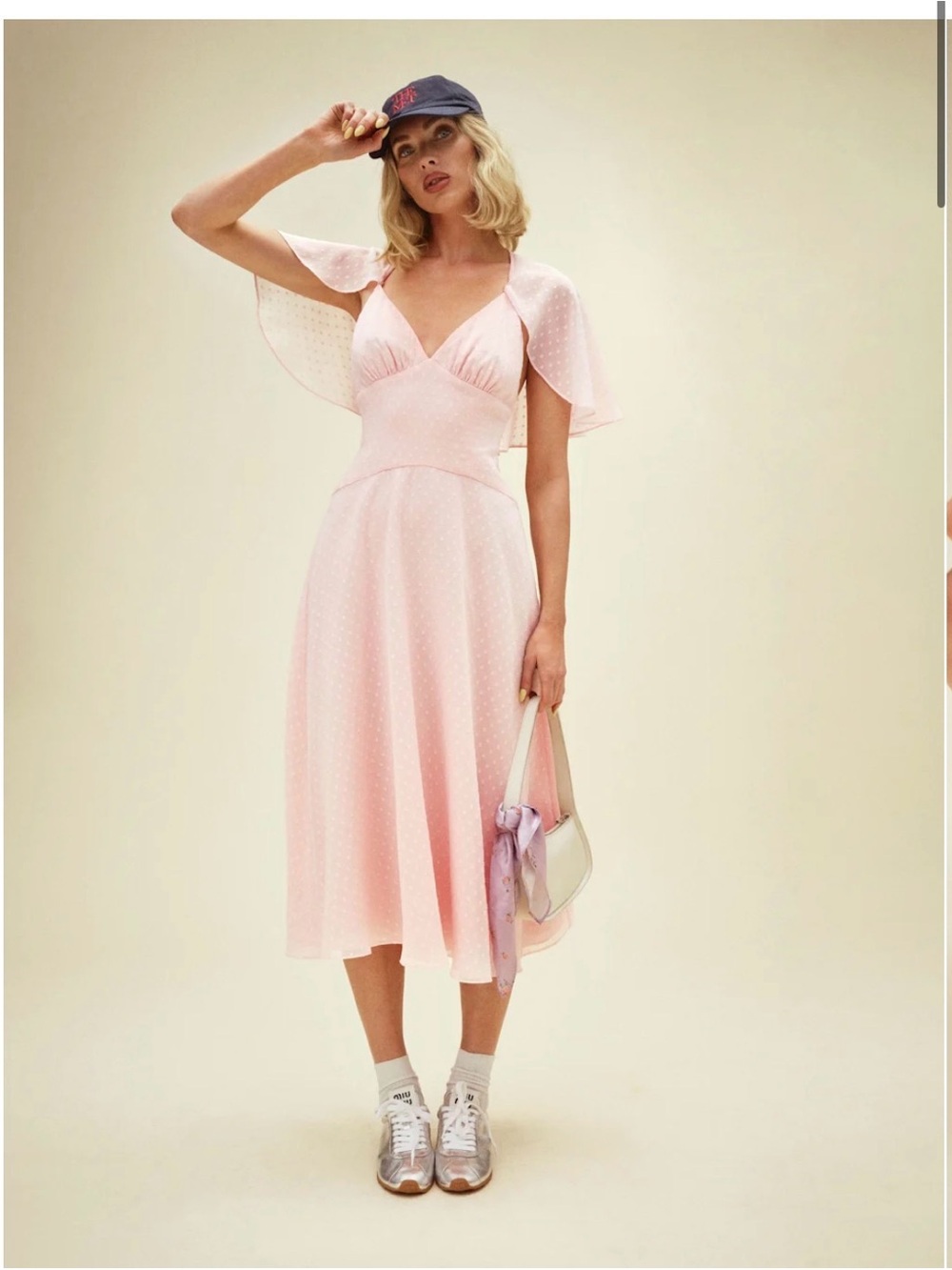 Reformation Blush Pink Midi Dress with removable Flutter Sleeve shawl